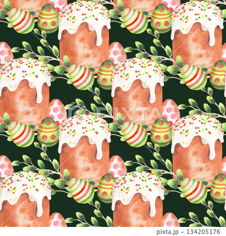 Seamless pattern of easter kulich cake, willows and eggs on a green background. Watercolor illustration. For fabric, wallpaper, packing paper, greeting cards, design, decoration and illustration. Seamless pattern of easter kulich cake, willows and eggs on a green background. Watercolor illustration. For fabric, wallpaper, packing paper, greeting cards, design, decoration and illustration. 134205176