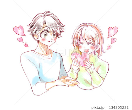 両手を差し出す男性とハートを持つ女性 134205221