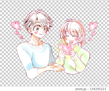 両手を差し出す男性とハートを持つ女性 134205221