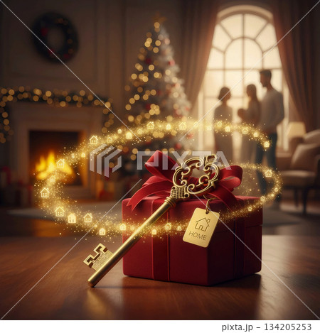 christmas golden house key on a present box in a cozy room with a couple in the background 134205253