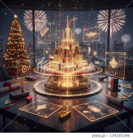 holographic model of a city-building on a desk with a christmas tree and fireworks 134205266