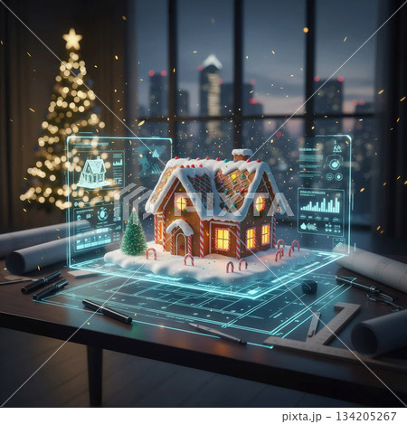 gingerbread house on a glowing architectural blueprint with a christmas tree and city view gingerbread house on a glowing architectural blueprint with a christmas tree and city view 134205267