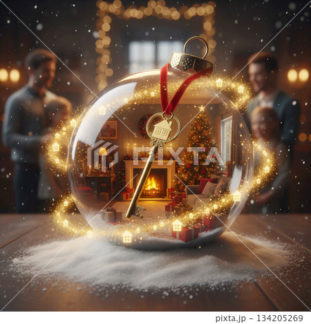 golden house key inside a glass christmas ornament on the background of a cozy family holiday golden house key inside a glass christmas ornament on the background of a cozy family holiday 134205269