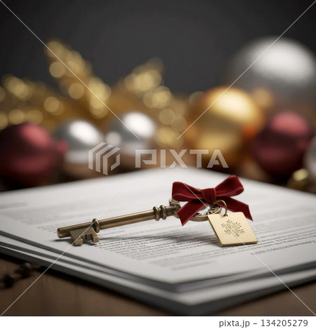 house key with a red bow and tag on a stack of documents against the background of christmas balls house key with a red bow and tag on a stack of documents against the background of christmas balls 134205279