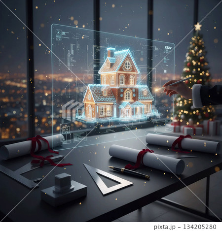 hand in a santa suit draws a house hologram over blueprints against a night city background 134205280