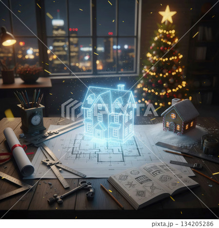 holographic house model over a blueprint with a gingerbread house, christmas tree and city view 134205286
