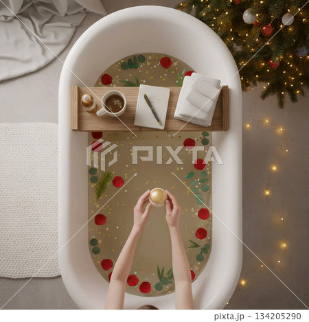 top view of a bathtub with festive decor, christmas ornaments, and a cup on a caddy tray 134205290