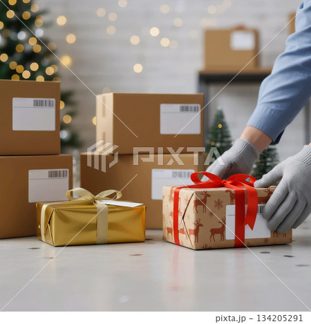 gloved hands wrapping gifts against a background of shipping boxes and a christmas tree gloved hands wrapping gifts against a background of shipping boxes and a christmas tree 134205291
