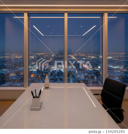 modern office desk with a panoramic window view of a snowy night city with lights modern office desk with a panoramic window view of a snowy night city with lights 134205293