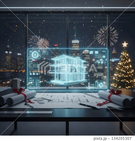 new year's night in an architect's office, designing a house using a holographic display, and holiday decor 134205307