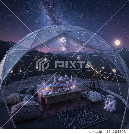 romantic dinner inside a transparent geodesic dome under an open starry sky in the mountains for glamping 134205308