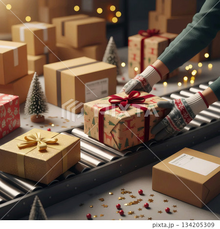 hands in festive gloves place a wrapped gift onto a conveyor belt in a christmas logistics center 134205309