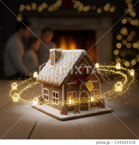 gingerbread house with a key and ribbon on a wooden table with a golden glow and blurred family by the fireplace 134205316