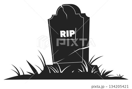 Ancient stone grave monument. Black silhouette of gravestone overgrown with grass. Halloween graveyard decor. Tombstone obelisk with fissures. Burial headstone. Vector gothic memorial Ancient stone grave monument. Black silhouette of gravestone overgrown with grass. Halloween graveyard decor. Tombstone obelisk with fissures. Burial headstone. Vector gothic memorial 134205421