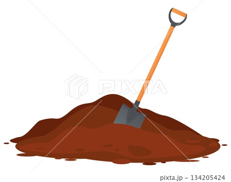 Bayonet shovel sticks out of large pile of earth. Hand tool for working with soil. Building and planting work. Spade and ground heap. Construction digging. Gardening scoop. Vector concept Bayonet shovel sticks out of large pile of earth. Hand tool for working with soil. Building and planting work. Spade and ground heap. Construction digging. Gardening scoop. Vector concept 134205424