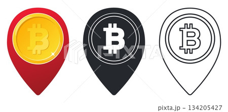 Bitcoin cryptocurrency inside geotag. Bitcoin location icons. Map pin. GPS navigation. Crypto exchange stock. Cryptocurrency trade. Silhouette, color or line signs. Vector symbols set 134205427