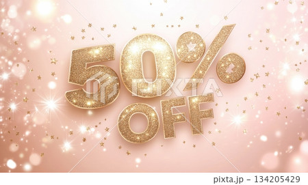 Glittering discount sign announcing fifty percent off during a festive sale event 134205429