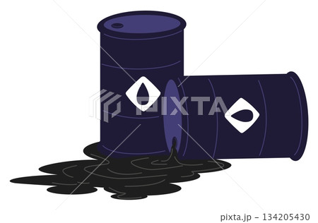 Black oil spills from overturned metal barrel. Causing environmental pollution. Chemical liquid waste. Gasoline tank dirty leaks. Petrol container. Danger gas leakage. Vector concept 134205430