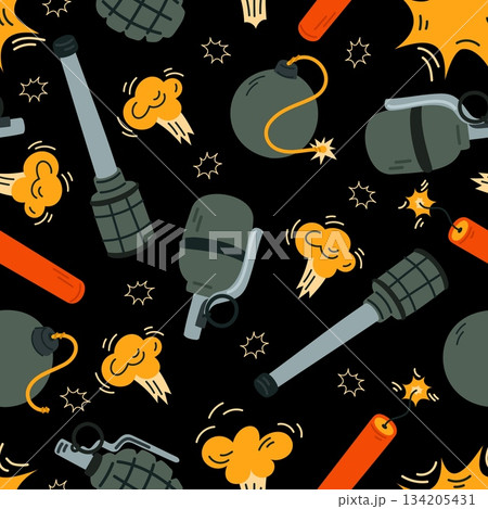 Bombs seamless pattern. Grenades and shells. Explosions with flames and smoke. Army gunpowder burst. Repeated print. Military weapon. Warhead detonator. Dynamite boom. Vector background Bombs seamless pattern. Grenades and shells. Explosions with flames and smoke. Army gunpowder burst. Repeated print. Military weapon. Warhead detonator. Dynamite boom. Vector background 134205431