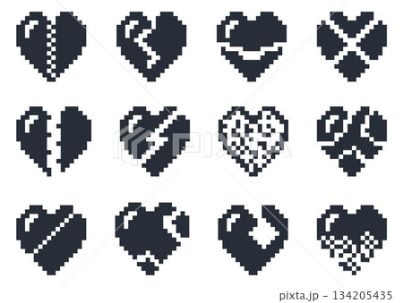 Broken pixel heart. 8bit broken love. Split and cracks. Computer graphic shapes. Pixelated sweethearts with fissures. Gaming life damage. Vector set of black and white silhouette icons 134205435