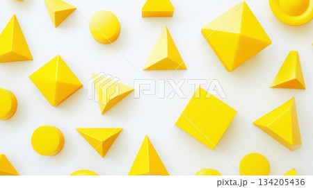 Yellow geometric shapes arranged on a white background create a vibrant abstract design with various dimensions and forms 134205436