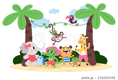Cute cartoon animals having fun in jungle among palm trees and vines. Happy mammal. Beach party. Crocodile, lion and elephant in swimsuits. Summer vacation. Vector kids illustration 134205449