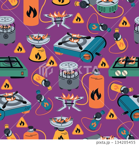 Gas stoves seamless pattern. Portable burners and fuel cylinders. Cooking equipment for picnics and camping. Flammable propane tanks. Repeated print. Touristic ovens. Vector background 134205455