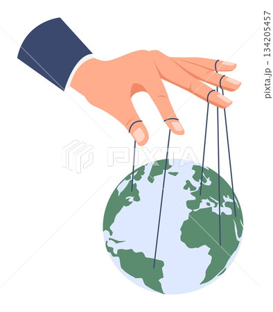 Hand holds Earth on strings from its fingers. Global manipulation. Worldwide domination. Countries at puppet threads. Puppeteer manipulating globe. Vector concept of secret control of world 134205457