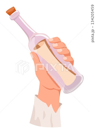 Hand man stranded on desert island throws bottle with letter inside for help into sea. Arm holding container for SOS message. Rescue mail from shipwrecked sailor person. Vector concept Hand man stranded on desert island throws bottle with letter inside for help into sea. Arm holding container for SOS message. Rescue mail from shipwrecked sailor person. Vector concept 134205459