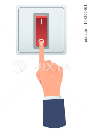 Hand presses switch with its finger. Turning electricity on and off. Electric power toggle button. Electrical voltage start turner. Electrical amperage regulator knob. Vector concept 134205461