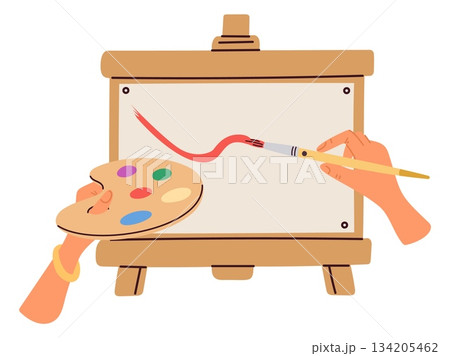 Hand with paintbrush and palette of paints. Picture painting on canvas. Painter arm. Artwork on wooden easel. Creative hobby. Art education. Artist drawing brushstroke. Vector concept Hand with paintbrush and palette of paints. Picture painting on canvas. Painter arm. Artwork on wooden easel. Creative hobby. Art education. Artist drawing brushstroke. Vector concept 134205462