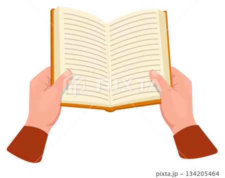 Hands hold open book. Man reads literary work. Novel pages. Reader arms. Textbook knowledge. University education. School library. Bookworm fingers. Literature wisdom. Vector concept Hands hold open book. Man reads literary work. Novel pages. Reader arms. Textbook knowledge. University education. School library. Bookworm fingers. Literature wisdom. Vector concept 134205464