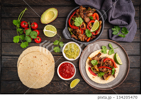 Fajitas, beef meat slices 134205470