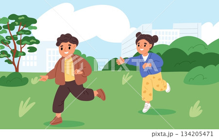 Little boy and girl playing together in city park. Children are running after each other. Active game in nature. Happy runners at meadow. Young people walk. Playful friends. Vector concept 134205471