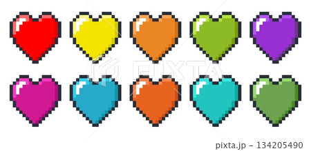 Multicolored pixel hearts. Love shape. 8 bit computer graphic icon of retro arcade game play life. Pixelated Valentines day 80s sign. Romance and passion. Vector color flat symbols set Multicolored pixel hearts. Love shape. 8 bit computer graphic icon of retro arcade game play life. Pixelated Valentines day 80s sign. Romance and passion. Vector color flat symbols set 134205490