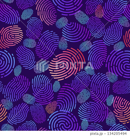 Neon prints of human fingers on dark background. Fingermarks seamless pattern. Multicolored gradient thumbprints. Biometric verification. Thumbprints scanning. Vector repeated print 134205494
