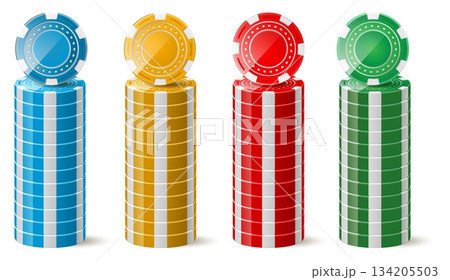 Realistic stacks of colorful poker chips for casino games. Vegas tokens column. Gambling luck. Play risky game. Winning color circles. Gamble coin. Vector isolated objects mockup set 134205503