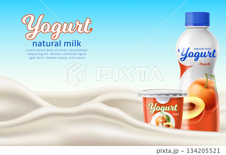 Yogurt bright advertising banner design template. Realistic plastic 3d packaging for dairy products. Peach taste. Fermented milk with apricot. Liquid waves and splashes. Vector background 134205521