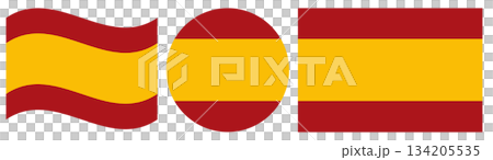 Collection of Spanish civil flags. Waving flag of Spain, round flag and rectangular flag of Spain isolated. Collection of Spanish civil flags. Waving flag of Spain, round flag and rectangular flag of Spain isolated. 134205535