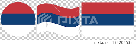 Set of civil Serbia flags isolated. Round civil flag of Serbia isolated, waving flag of Serbia and rectangular flag. Set of civil Serbia flags isolated. Round civil flag of Serbia isolated, waving flag of Serbia and rectangular flag. 134205536