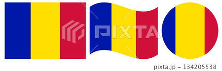 Collection of civil flag of Andorra isolated. Rectangular flag of Andorra, waving flag and round flag in circle shape. 134205538