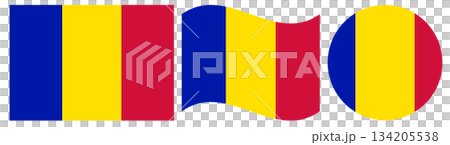 Collection of civil flag of Andorra isolated. Rectangular flag of Andorra, waving flag and round flag in circle shape. Collection of civil flag of Andorra isolated. Rectangular flag of Andorra, waving flag and round flag in circle shape. 134205538