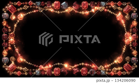暗闇の中に、赤い多角形の宝石と光るチェーンがループ状に輝く幻想的なフレーム。 134206090
