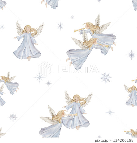 Seamless pattern with cute Christmas angel trumpets with light hair and blue dress in minimalist scandinavian style. Hand drawn illustration repeat ornament with snowflakes children's design. Seamless pattern with cute Christmas angel trumpets with light hair and blue dress in minimalist scandinavian style. Hand drawn illustration repeat ornament with snowflakes children's design. 134206189