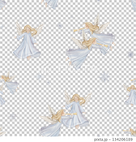 Seamless pattern with cute Christmas angel trumpets with light hair and blue dress in minimalist scandinavian style. Hand drawn illustration repeat ornament with snowflakes children's design. Seamless pattern with cute Christmas angel trumpets with light hair and blue dress in minimalist scandinavian style. Hand drawn illustration repeat ornament with snowflakes children's design. 134206189