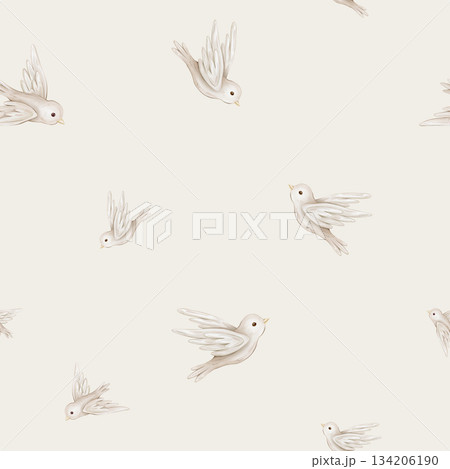 Watercolor repeat seamless pattern with illustration of a flying birds of peace with spread wing. Hand-drawn Bird design symbol of peace for invitations or greeting cards in pastel beige colors. Watercolor repeat seamless pattern with illustration of a flying birds of peace with spread wing. Hand-drawn Bird design symbol of peace for invitations or greeting cards in pastel beige colors. 134206190