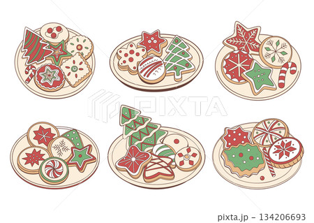 Assortment of Festive Christmas Cookies on Plates. Holiday illustration. 134206693
