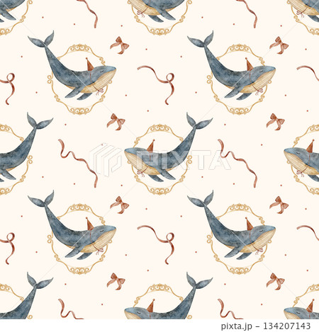 Blue whale pattern in vintage frame with red bow ribbon. Hand-drawn watercolor illustration fish in party hat in childish style. Seamless print on beige background for apparel and textile design Blue whale pattern in vintage frame with red bow ribbon. Hand-drawn watercolor illustration fish in party hat in childish style. Seamless print on beige background for apparel and textile design 134207143