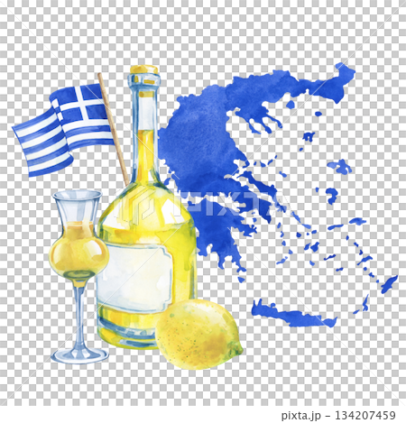 Watercolor composition with the outline of the country, the national flag and a lemon drink on an isolated background. A vivid illustration in yellow and blue colors typical of the culture of Greece 134207459