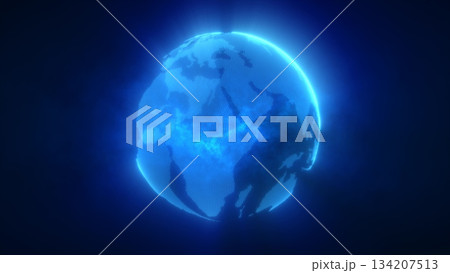 Abstract blue planet earth spinning with futuristic high-tech particles bright glowing magical energy, abstract background 134207513